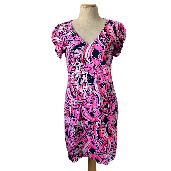 Lilly Pulitzer Womens Sz M Pink & Navy Floral V-Neck Short Sleeve Dress - Picture 2 of 10